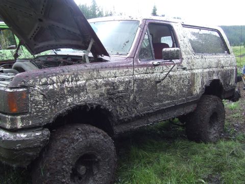1990 Ford Bronco - This heavily mud-caked SUV appears to have been used for off-roading, with its hood open and tires covered in dirt.