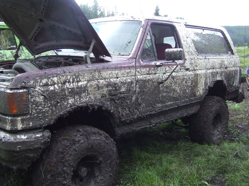 Muddy SUV with hood up, parked in grass. Another green vehicle visible behind it