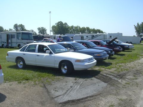 1997 Ford Crown Victoria - A line of sedans are parked on a grassy area with RVs in the background under a clear sky.