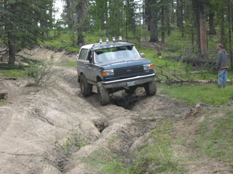 1995 Ford Bronco - Ford Bronco tackles challenging off-road terrain in a wooded area.