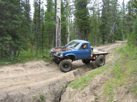 1995 Ford Bronco - A blue pickup truck navigates a rough dirt path through a forest.
