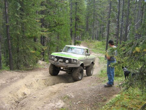 1995 Ford Bronco - Modified 1979 Ford F-150 pickup truck tackles an off-road trail with a driver and dog observing.