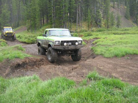 1995 Ford Bronco - Two modified trucks, a green Ford and a yellow Jeep, traverse a challenging dirt path in a wooded area.