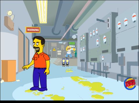 1971 Ford Ranchero - A cartoon scene depicts characters in an industrial setting with a warning sign and yellow puddles on the floor.