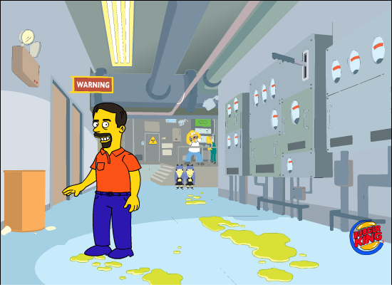 Cartoon scene with warning sign and yellow puddles on floor