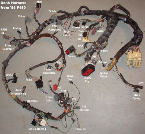 1983 Ford Bronco - STRIPPED Dash Harness from a '96 F150 IF THE IMAGE IS TOO SMALL, click it. C216 is an unused carryover connector from the older vacuum crui…