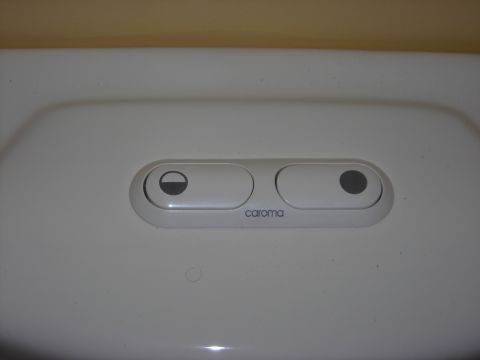 1984 Ford Bronco - A close-up view of a white dual-button toilet flush actuator with 'caroma' branding.