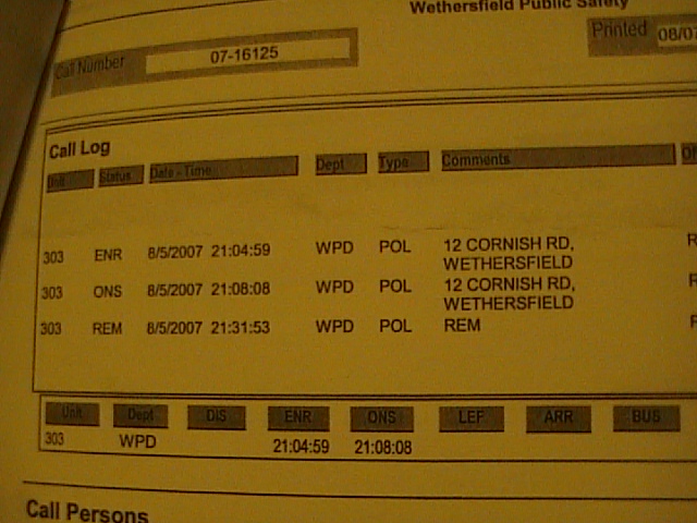 Document showing a call log with dates, times, and addresses