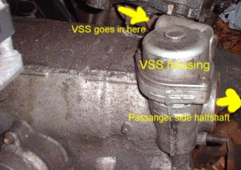 1993 Ford Taurus - Close-up of a vehicle transmission component, showing VSS housing and halfshaft.