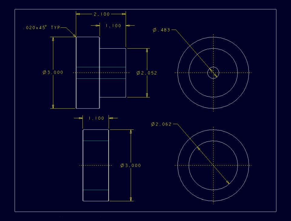 Dimensioned CAD drawing of a cylindrical bushing spacer with diameters and chamfer callouts