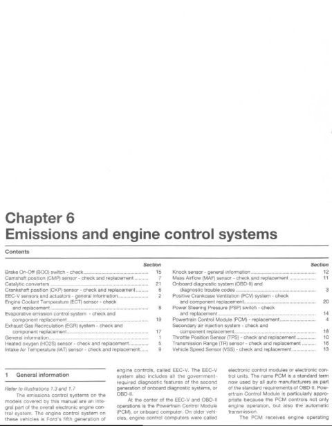 1993 Ford Taurus - This document page details emissions and engine control systems, listing various components and their corresponding sections.