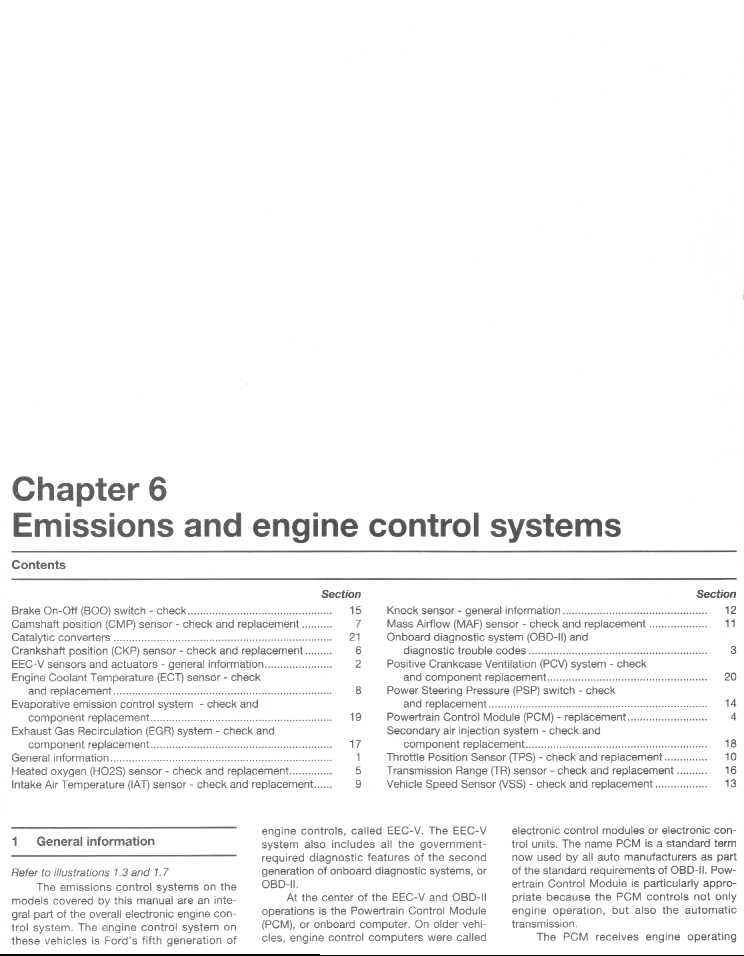 Chapter 6 emissions and engine control systems contents page with section list