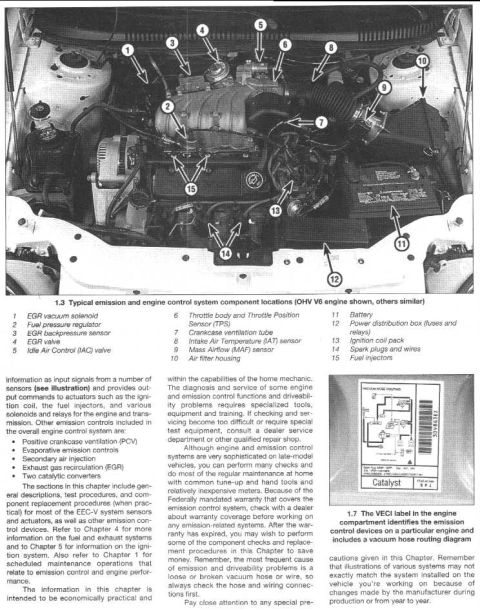 1993 Ford Taurus - Diagram shows typical emission and engine control system component locations for an OHV V6 engine.