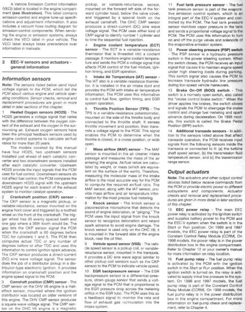 1993 Ford Taurus - This document page lists and describes various EEC-V sensors and actuators used in vehicle emission control systems.