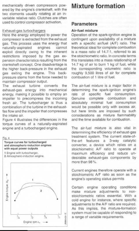 1993 Ford Taurus - This document page discusses mixture formation and displays a graph comparing engine torque curves.