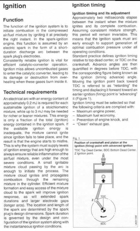 1993 Ford Taurus - This document details the function and technical requirements of an ignition system, including a diagram of piston and crankshaft position.