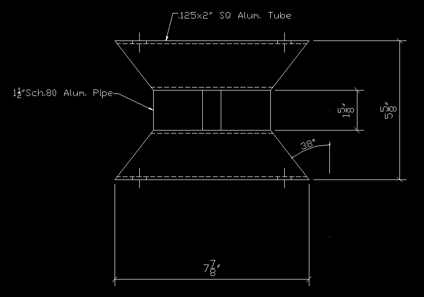 Dimensioned fabrication drawing of an aluminum tube and pipe assembly with angle and material callouts