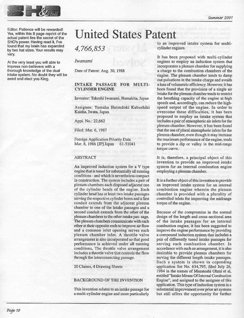 SHO&Tell reprint of US Patent 4,766,853 intake passage for multi-cylinder engine, first page