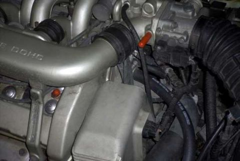 1993 Ford Taurus - Close-up view of the engine bay in a 1993 Ford Taurus, highlighting various components.