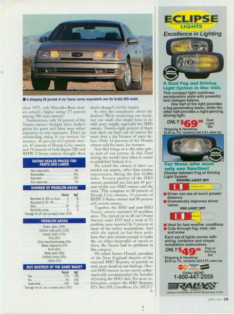 1993 Ford Taurus - A 1993 Ford Taurus SHO sedan is shown from the front in this magazine article.