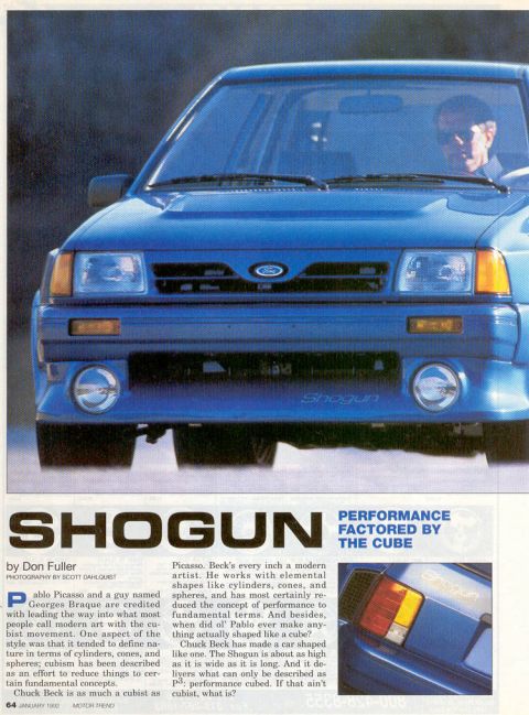 1993 Ford Taurus - A blue car with "Shogun" badging is shown from the front, with text discussing its design.