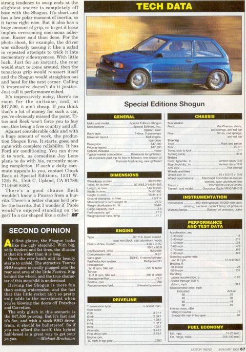 1993 Ford Taurus - This article discusses the "Special Editions Shogun" and its performance data.