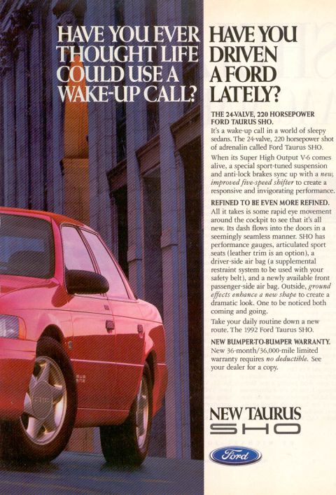 1993 Ford Taurus - Advertisement for the Ford Taurus SHO, highlighting its performance and features, with a mention of the 1992 model year.