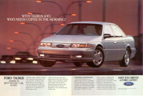 1993 Ford Taurus - Advertisement for the 1993 Ford Taurus SHO, highlighting its performance and features.