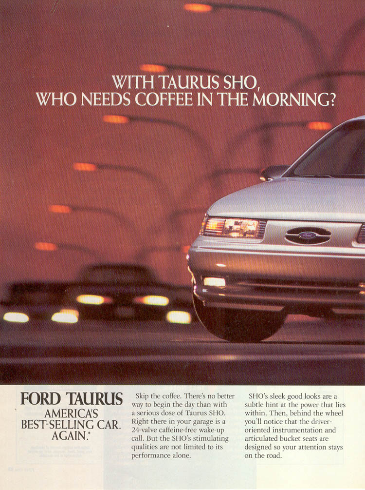 Silver 1993 Ford Taurus SHO driving at night, with text overlay