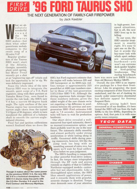 1993 Ford Taurus - Article discusses the '96 Ford Taurus SHO, highlighting its performance and design.