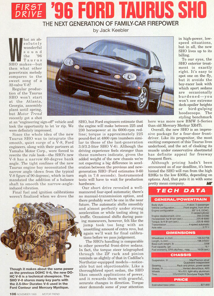 1996 Ford Taurus SHO Motor Trend first drive article with V8 powertrain tech data