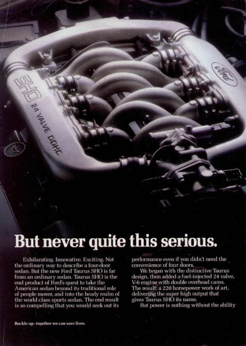 1993 Ford Taurus - Advertisement for the 1993 Ford Taurus SHO, highlighting its powerful 24-valve DOHC engine.