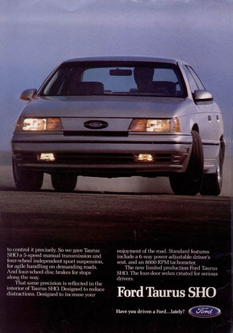 1993 Ford Taurus - Advertisement for the 1993 Ford Taurus SHO, highlighting its performance features.