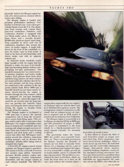 1993 Ford Taurus - Article about the Taurus SHO, a dark sedan in motion.