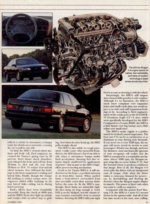 1993 Ford Taurus - Magazine spread detailing the 1993 Ford Taurus SHO, its V6 engine and exterior views.