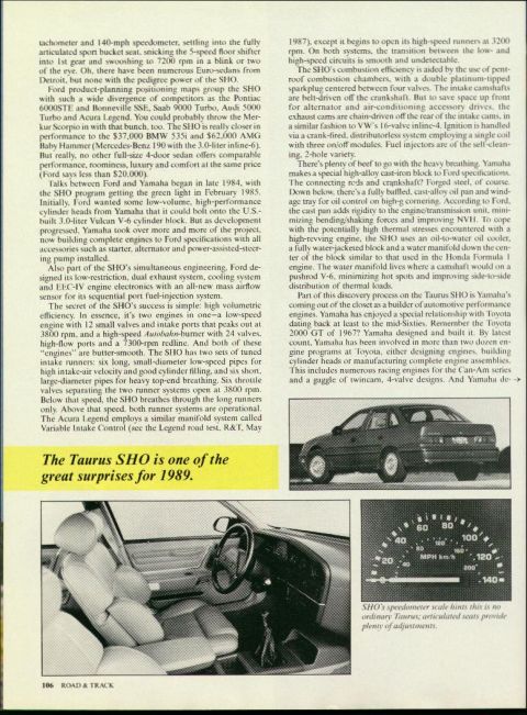 1993 Ford Taurus - The 1989 Taurus SHO is highlighted with interior, exterior, and speedometer views.