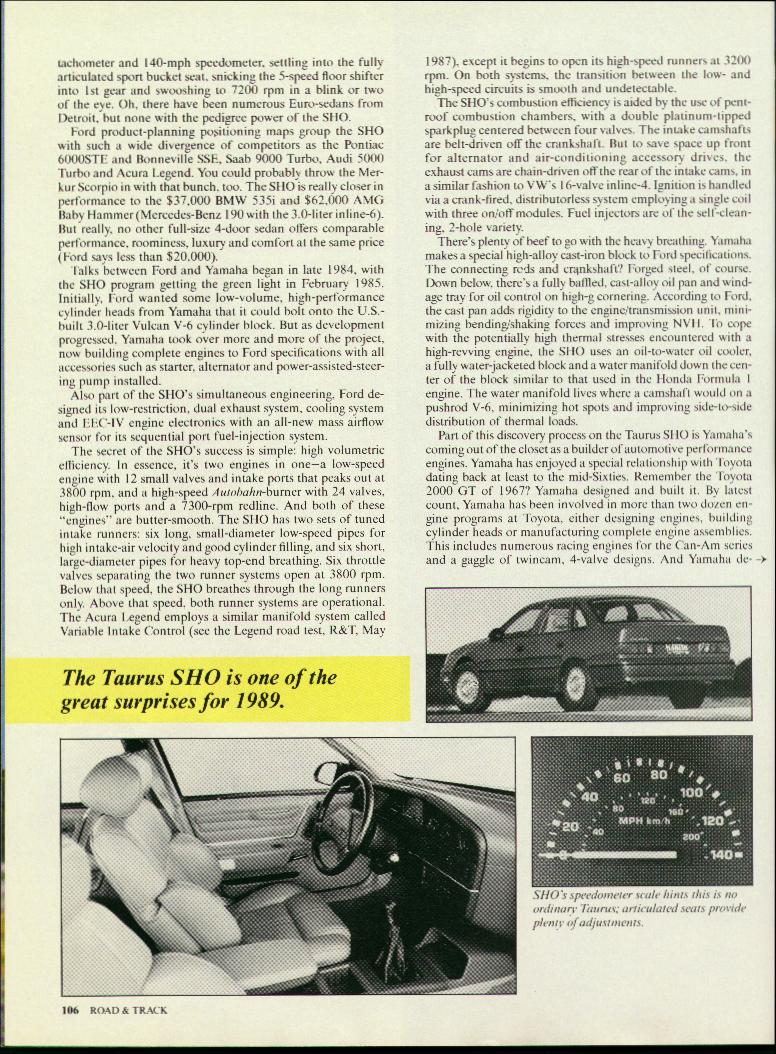 Interior shot of a 1989 Ford Taurus SHO showing front seats and dashboard. Also a rear 3/4 view of the car and a close-up of the speedometer