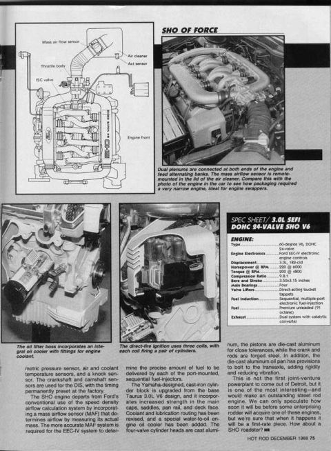 1993 Ford Taurus - Article details the 3.0L V6 DOHC 24-valve SHO engine, including diagrams and a specification sheet.