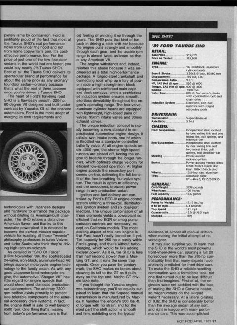 1993 Ford Taurus - This document contains an article and specifications for a Ford Taurus SHO, along with a close-up of a wheel and tire.