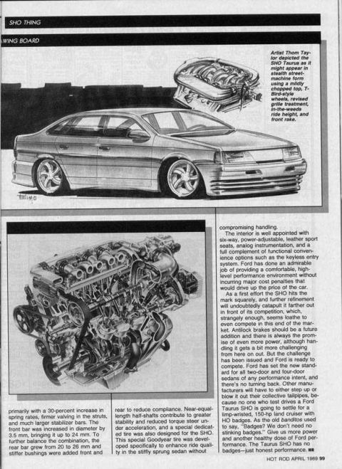 1993 Ford Taurus - Artist's rendering of a 1993 Ford Taurus SHO with custom modifications and its engine.