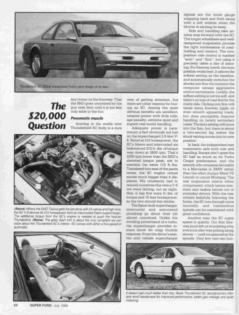 1993 Ford Taurus - This document discusses the Ford Thunderbird SC, images of its exterior, interior, and engine compartment.