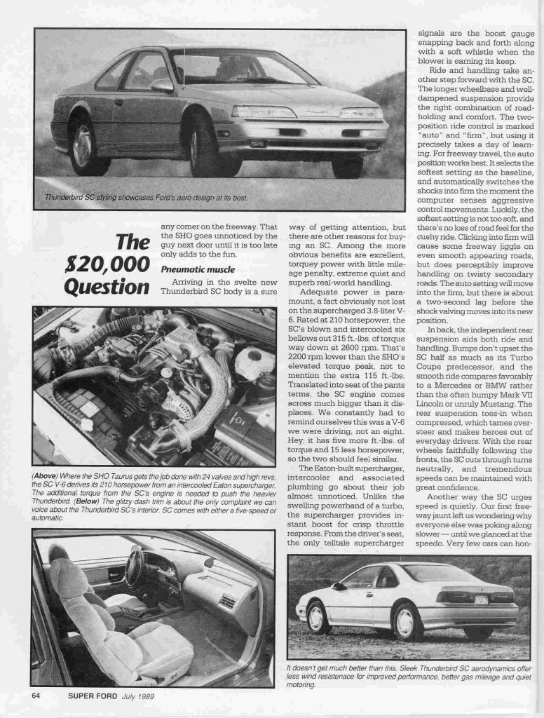Super Ford July 1989 page comparing the Thunderbird SC with the Taurus SHO, with engine and interior photos