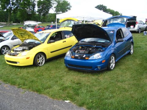 1993 Ford Taurus - Two Ford Focus hatchbacks are displayed with their engines exposed at an outdoor car event.
