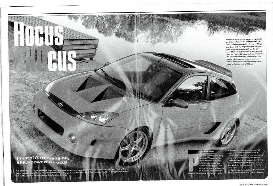 Focus Fanatic Hocus SHOcus opening spread with the SHO-powered Focus ZX3 by a dock