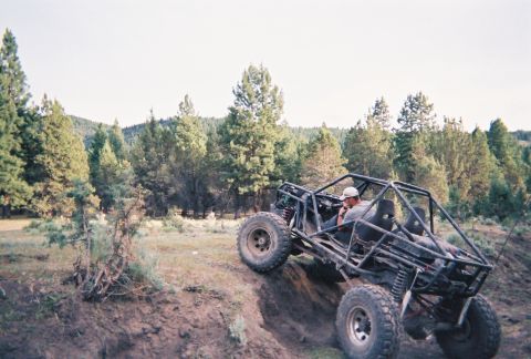 1984 Ford Bronco - A custom-built off-road buggy navigates a steep dirt path surrounded by trees.