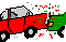 1971 Ford Ranchero - Two cars in a collision, one red and one green, against a blue background.