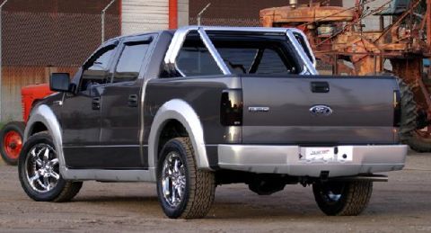 2005 Ford F-150 - Rear view of a dark gray 2005 Ford F-150 pickup truck, a chrome roll bar and custom wheels.