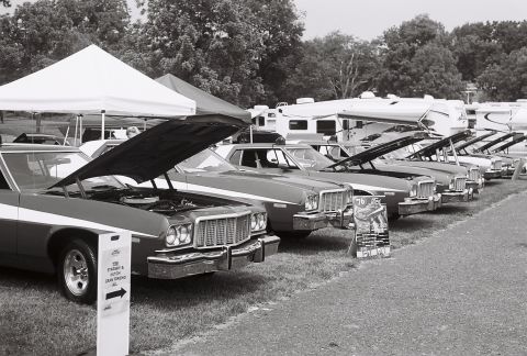 1973 Ford Ranchero - Multiple vehicles are lined up with their hoods open, displaying a '76 badge on one of the cars.