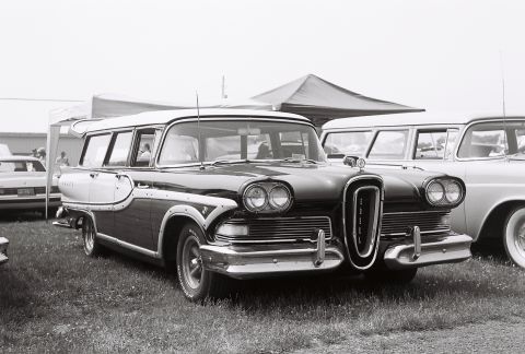 1973 Ford Ranchero - This 1958 Edsel Bermuda Station Wagon is shown in a front three-quarter view, parked outdoors.