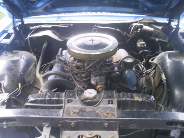 Engine bay of blue classic car with V8 engine, round chrome air cleaner and radiator visible